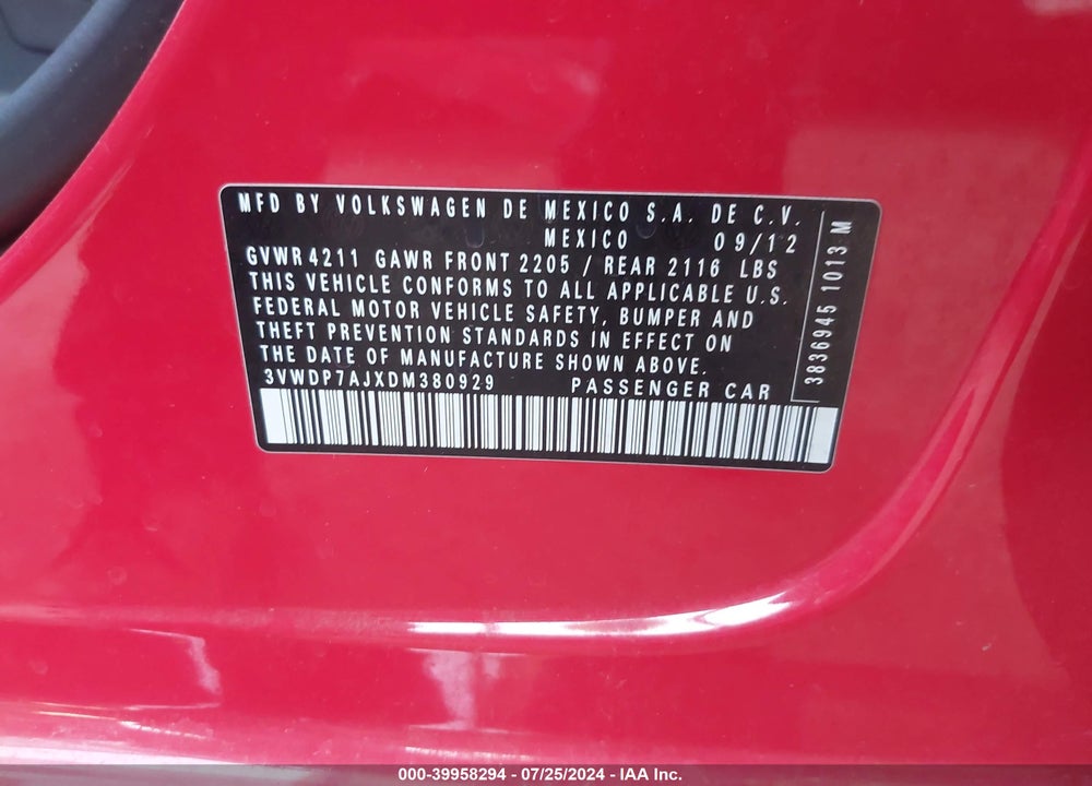2013 VOLKSWAGEN JETTA 2.5L SE VIN: 3VWDP7AJXDM380929