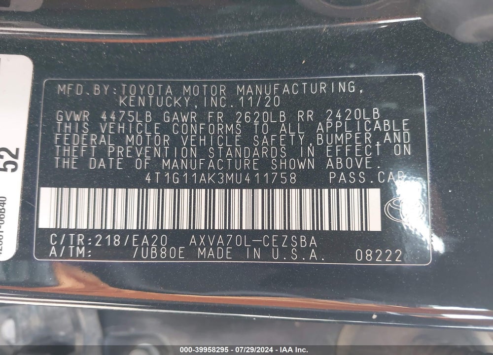 2021 TOYOTA CAMRY SE/SE NIGHTSHADE EDITION VIN: 4T1G11AK3MU411758