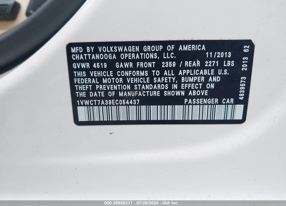 2014 VOLKSWAGEN PASSAT 1.8T SEL PREMIUM VIN: 1VWCT7A39EC054437