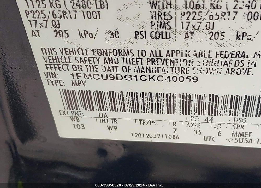2012 FORD ESCAPE XLT VIN: 1FMCU9DG1CKC40059