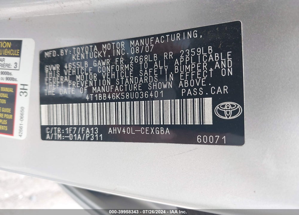 2008 TOYOTA CAMRY HYBRID VIN: 4T1BB46K58U036401
