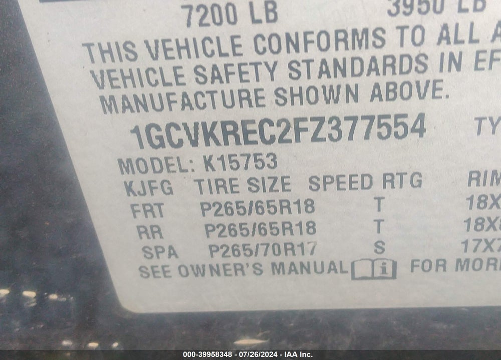 2015 CHEVROLET SILVERADO 1500 LT VIN: 1GCVKREC2FZ377554