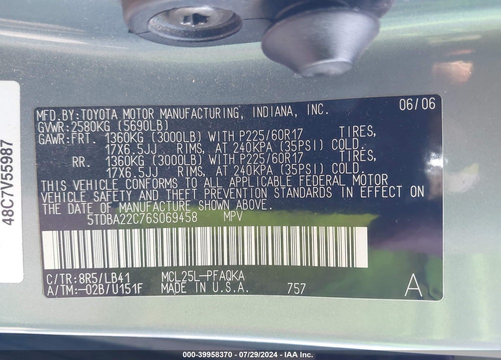 2006 TOYOTA SIENNA XLE LIMITED VIN: 5TDBA22C76S069458