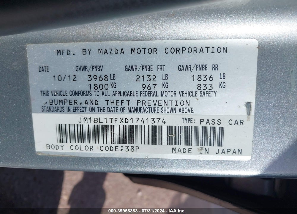 2013 MAZDA 3 I SV VIN: JM1BL1TFXD1741374