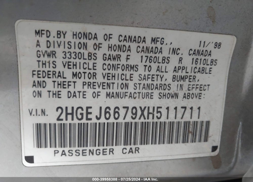 1999 HONDA CIVIC LX VIN: 2HGEJ6679XH511711
