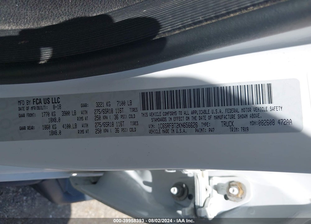 2019 RAM 1500 VIN: 1C6SRFBT2KN656626
