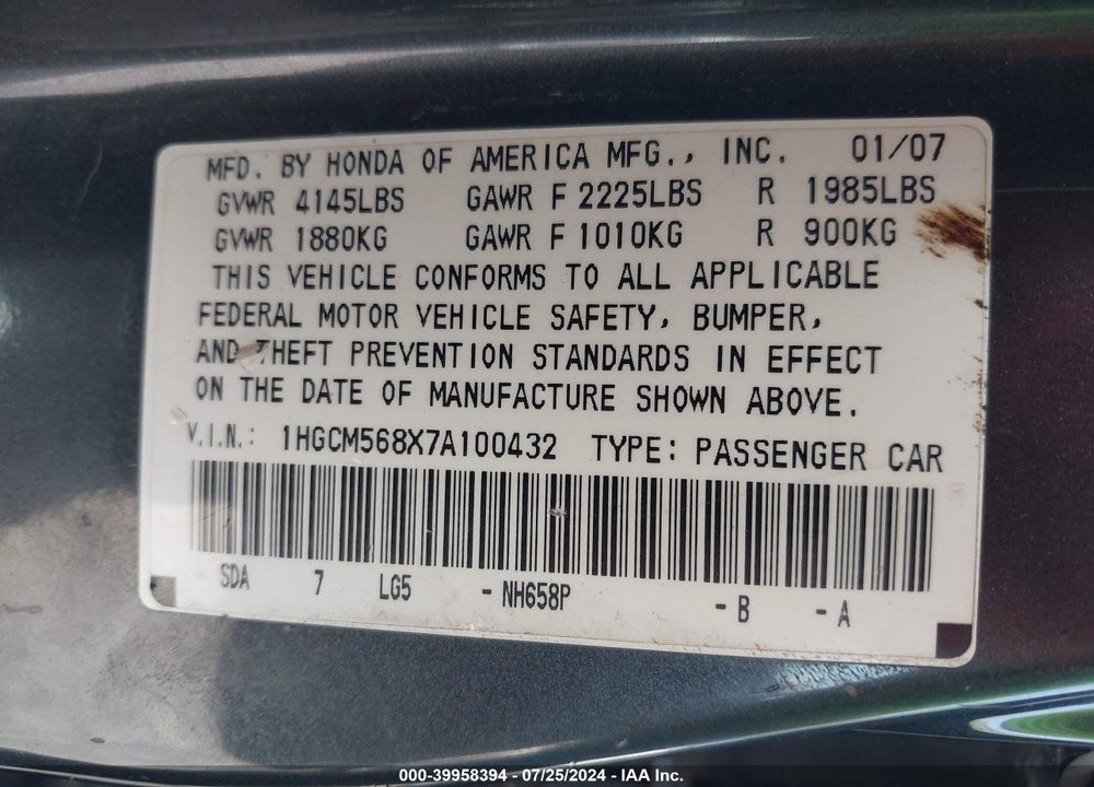 2007 HONDA ACCORD 2.4 EX VIN: 1HGCM568X7A100432