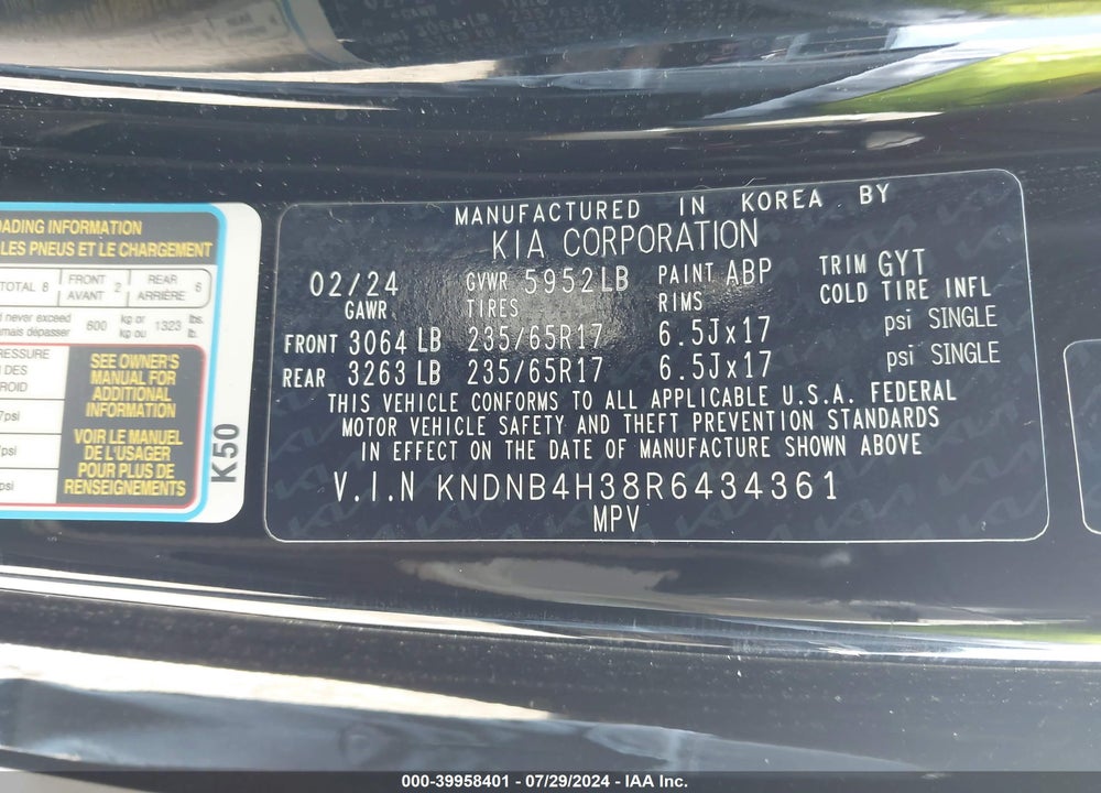2024 KIA CARNIVAL MPV LX SEAT PACKAGE VIN: KNDNB4H38R6434361