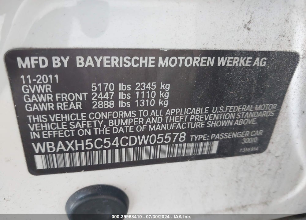 2012 BMW 528I XDRIVE VIN: WBAXH5C54CDW05578