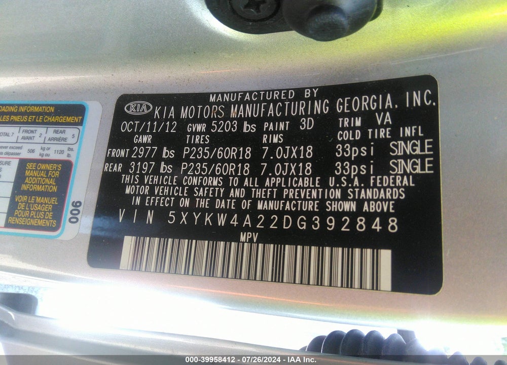 2013 KIA SORENTO SX VIN: 5XYKW4A22DG392848