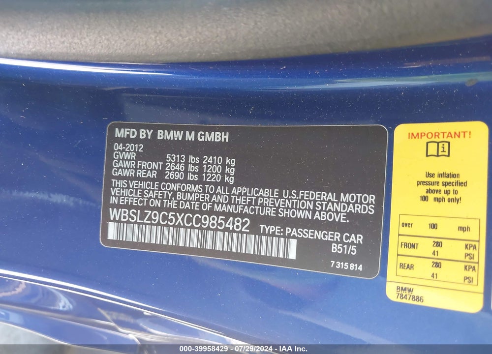 2012 BMW M6 VIN: WBSLZ9C5XCC985482