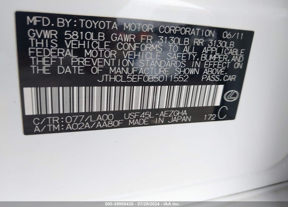 2011 LEXUS LS 460 VIN: JTHCL5EF0B5011552