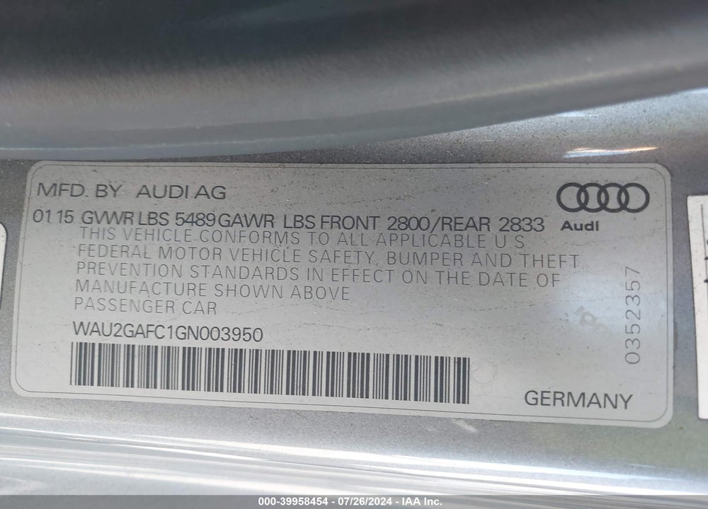 2016 AUDI A7 3.0T PREMIUM PLUS VIN: WAU2GAFC1GN003950