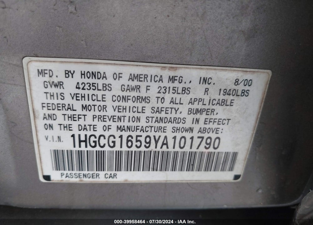 2000 HONDA ACCORD 3.0 EX VIN: 1HGCG1659YA101790