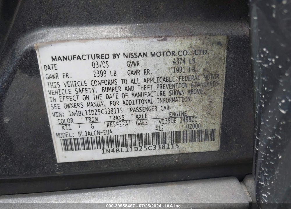 2005 NISSAN ALTIMA 3.5 SE VIN: 1N4BL11D25C338115