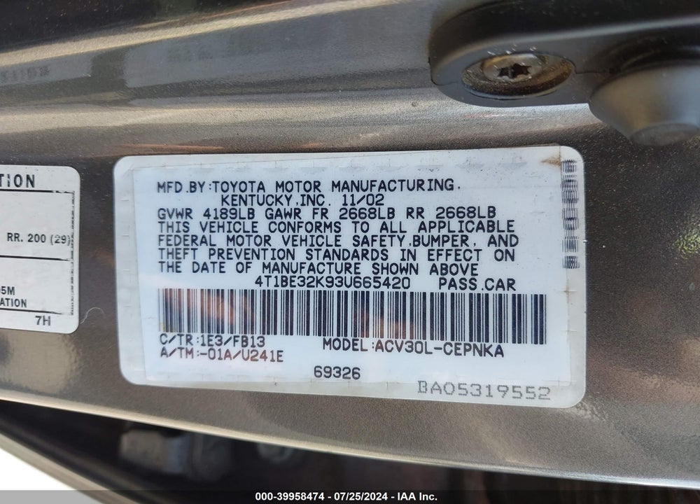 2003 TOYOTA CAMRY LE/SE/XLE VIN: 4T1BE32K93U665420