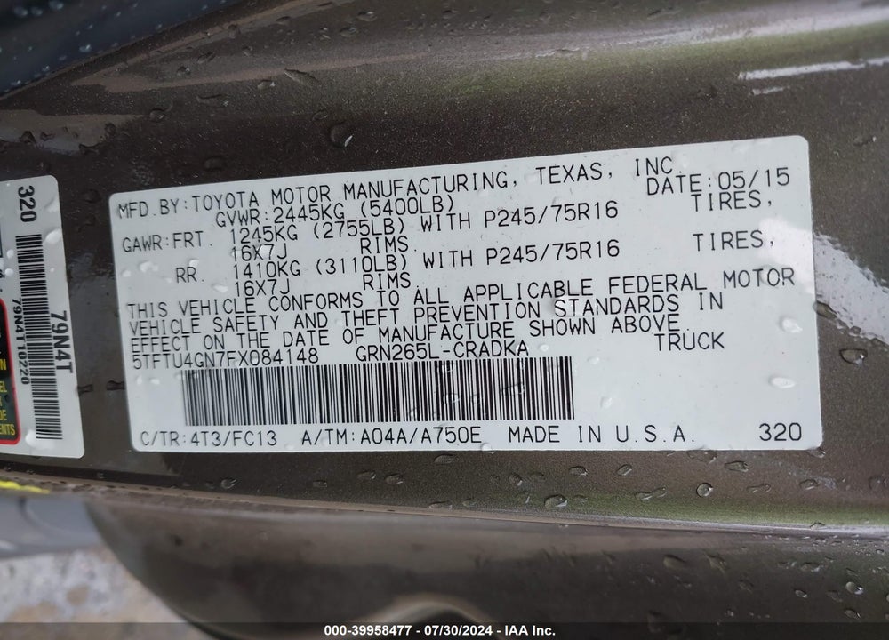 2015 TOYOTA TACOMA PRERUNNER V6 VIN: 5TFTU4GN7FX084148