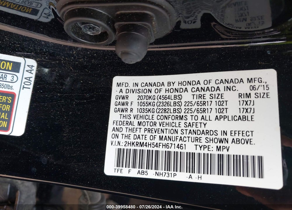 2015 HONDA CR-V EX VIN: 2HKRM4H54FH671461
