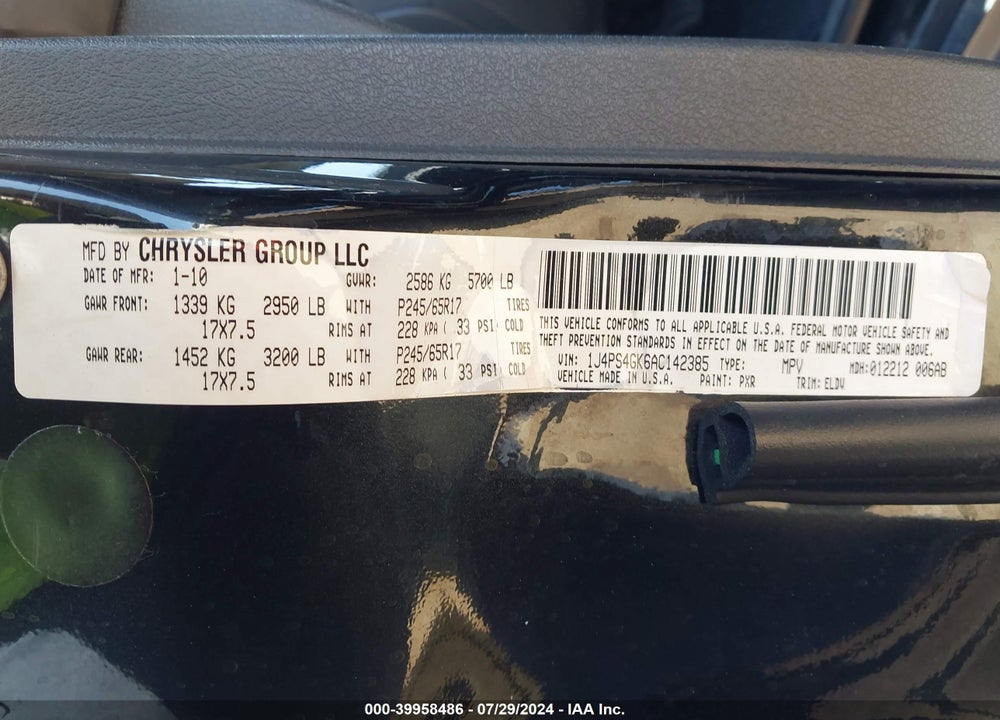 2010 JEEP GRAND CHEROKEE LAREDO VIN: 1J4PS4GK6AC142385