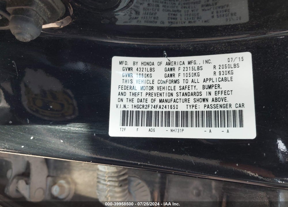 2015 HONDA ACCORD EX VIN: 1HGCR2F74FA241650
