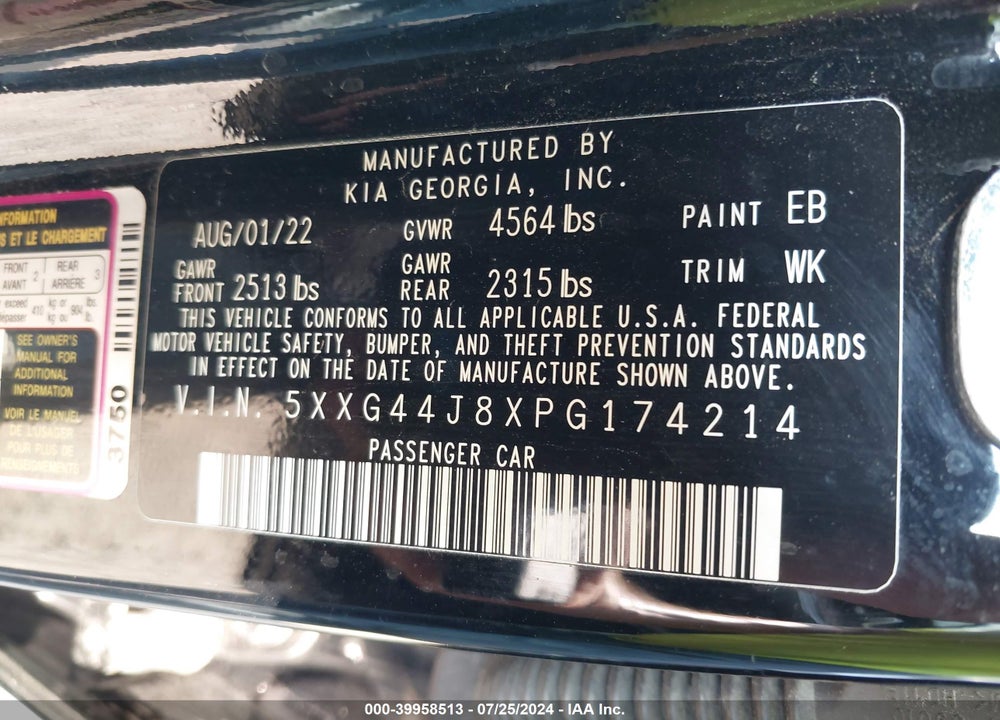 2023 KIA K5 GT VIN: 5XXG44J8XPG174214
