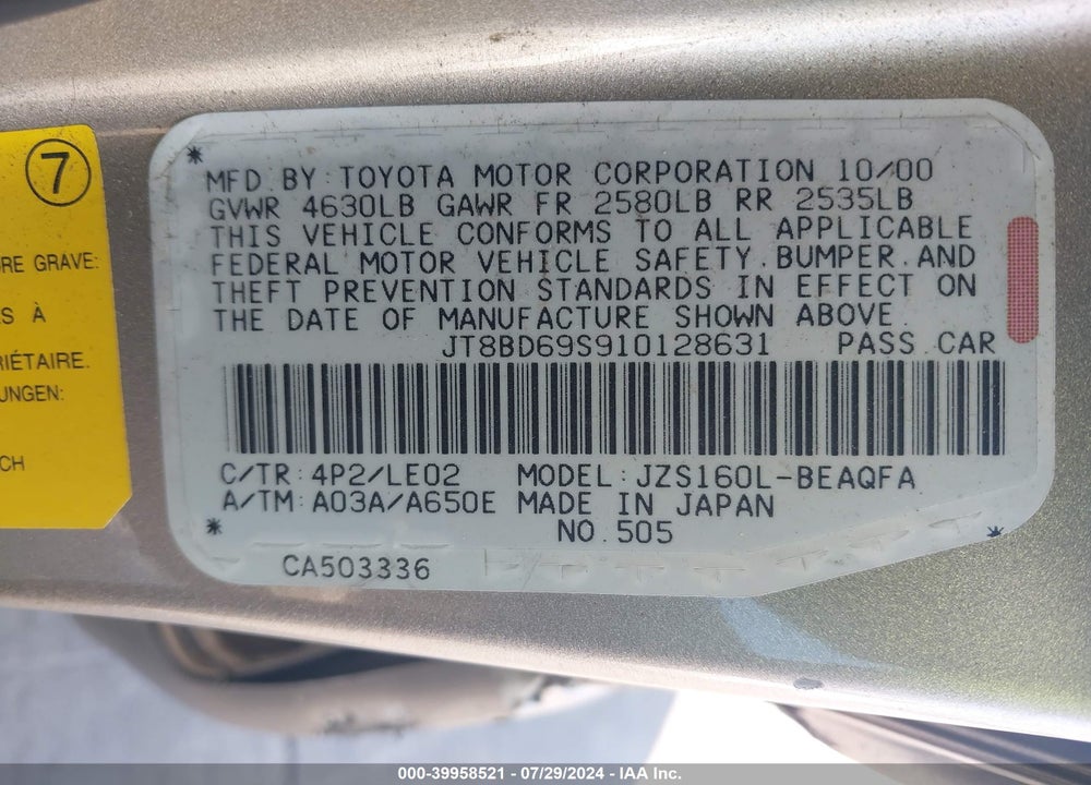2001 LEXUS GS 300 VIN: JT8BD69S910128631