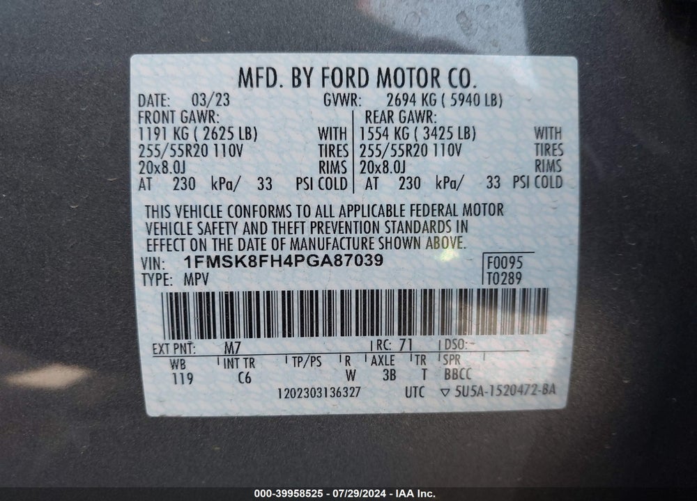 2023 FORD EXPLORER LIMITED VIN: 1FMSK8FH4PGA87039