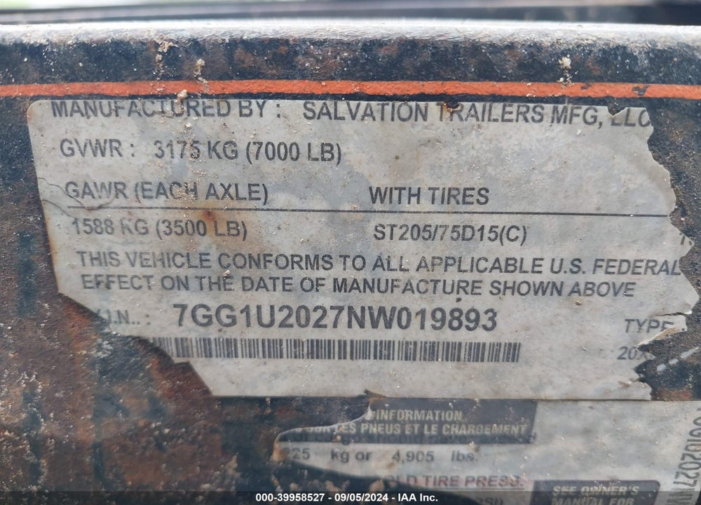 2022 SALVATION TRAILERS 20\' UTILITY TRAILER VIN: 7GG1U2027NW019893