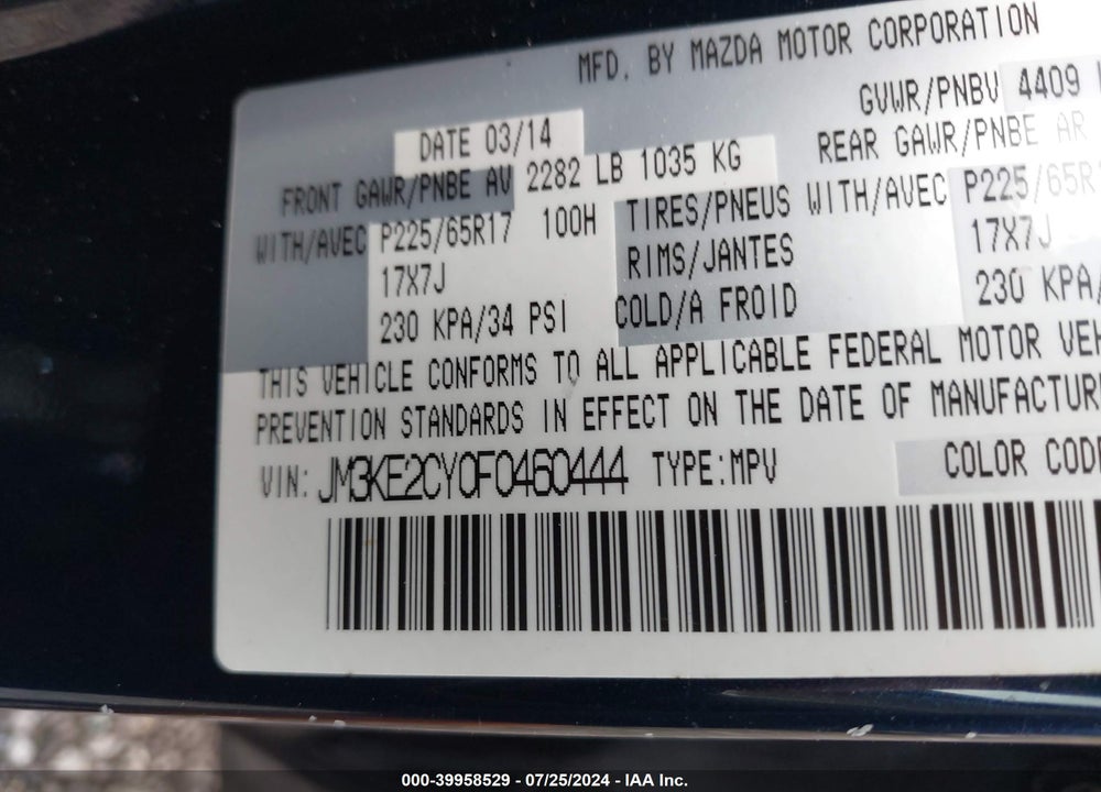 2015 MAZDA CX-5 TOURING VIN: JM3KE2CY0F0460444