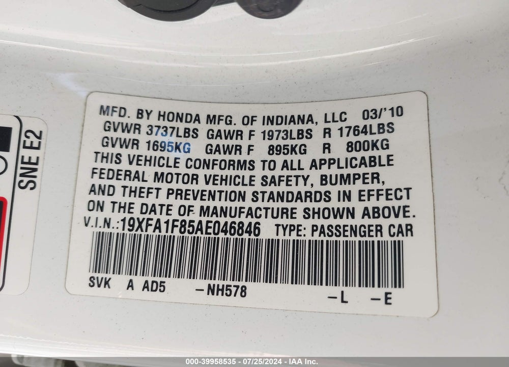 2010 HONDA CIVIC EX VIN: 19XFA1F85AE046846
