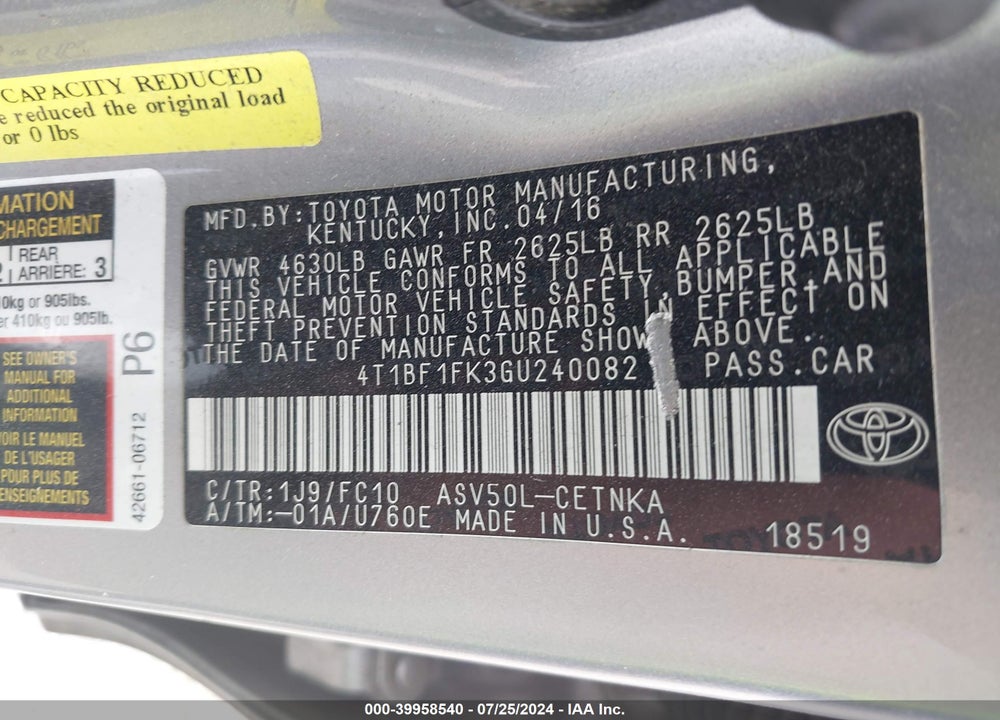 2016 TOYOTA CAMRY LE VIN: 4T1BF1FK3GU240082