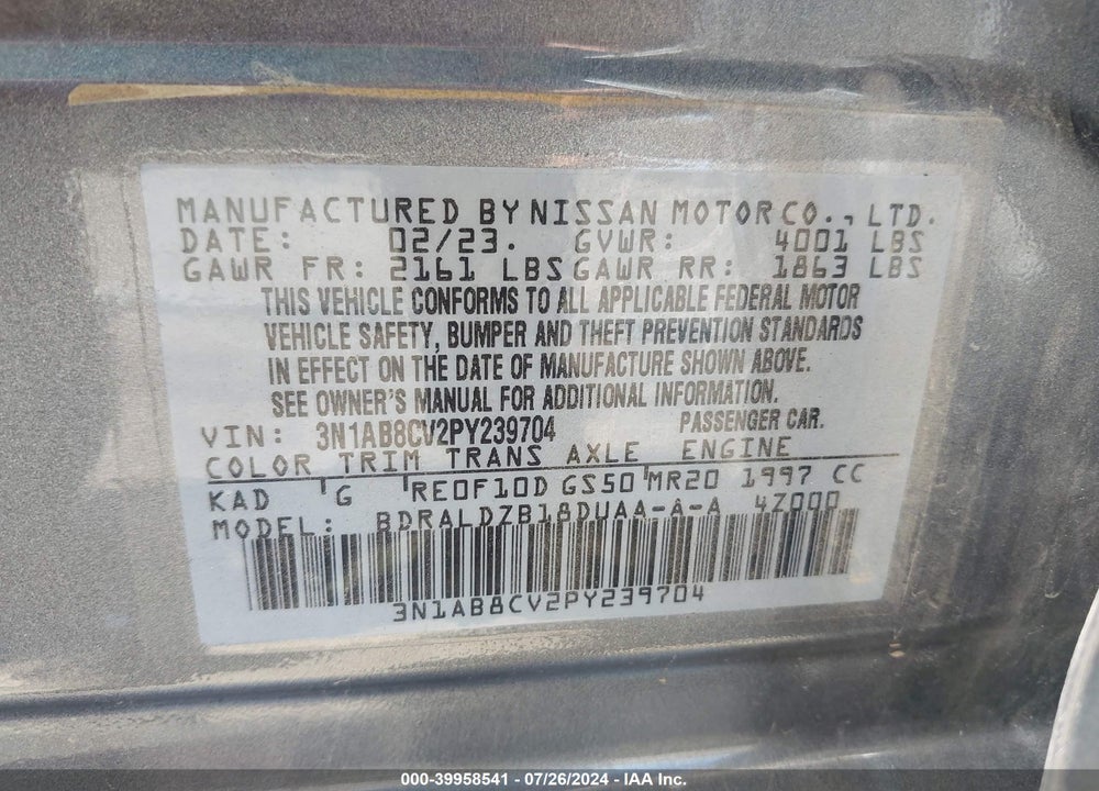 2023 NISSAN SENTRA SV XTRONIC CVT VIN: 3N1AB8CV2PY239704