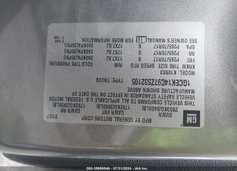 2007 CHEVROLET SILVERADO 1500 LT1 VIN: 1GCEK14C97Z532105