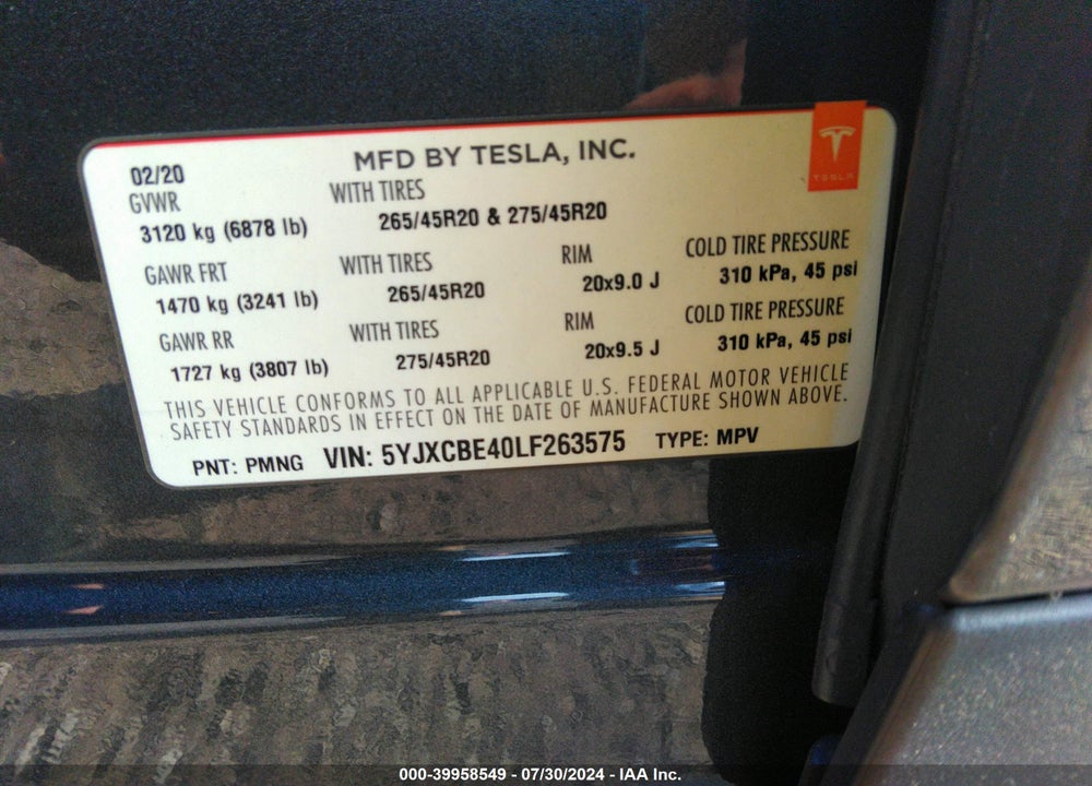 2020 TESLA MODEL X PERFORMANCE DUAL MOTOR ALL-WHEEL DRIVE VIN: 5YJXCBE40LF263575