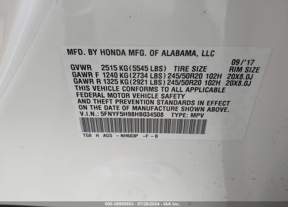 2017 HONDA PILOT TOURING VIN: 5FNYF5H98HB034508
