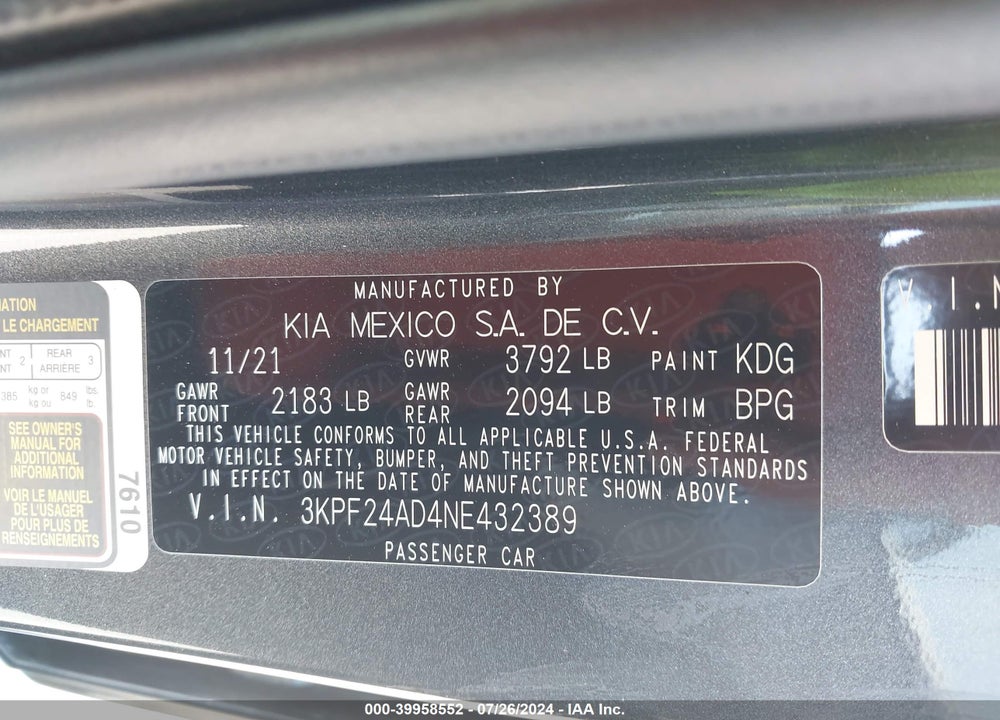 2022 KIA FORTE LXS VIN: 3KPF24AD4NE432389