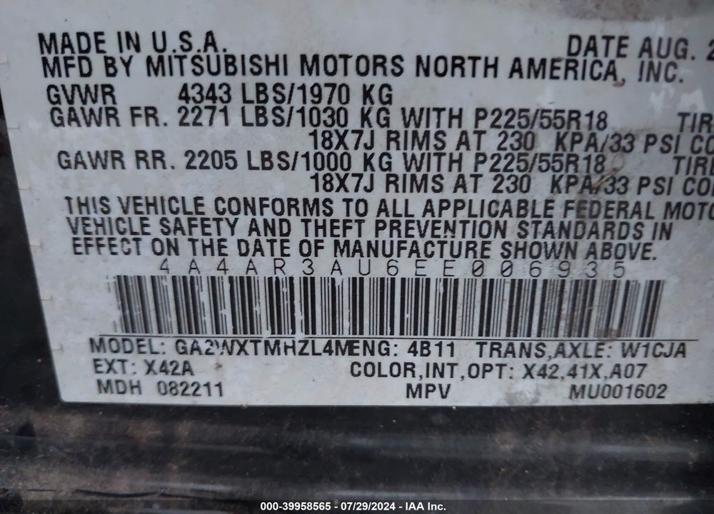 2014 MITSUBISHI OUTLANDER SPORT ES VIN: 4A4AR3AU6EE006935