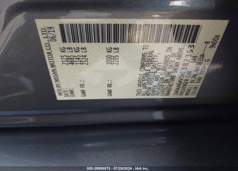 2019 NISSAN MAXIMA 3.5 SV VIN: 1N4AA6AV3KC382353