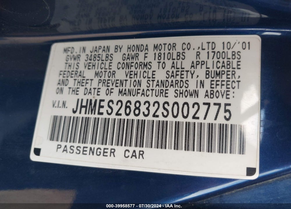 2002 HONDA CIVIC EX VIN: JHMES26832S002775