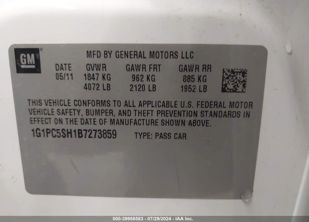 2011 CHEVROLET CRUZE LS VIN: 1G1PC5SH1B7273859