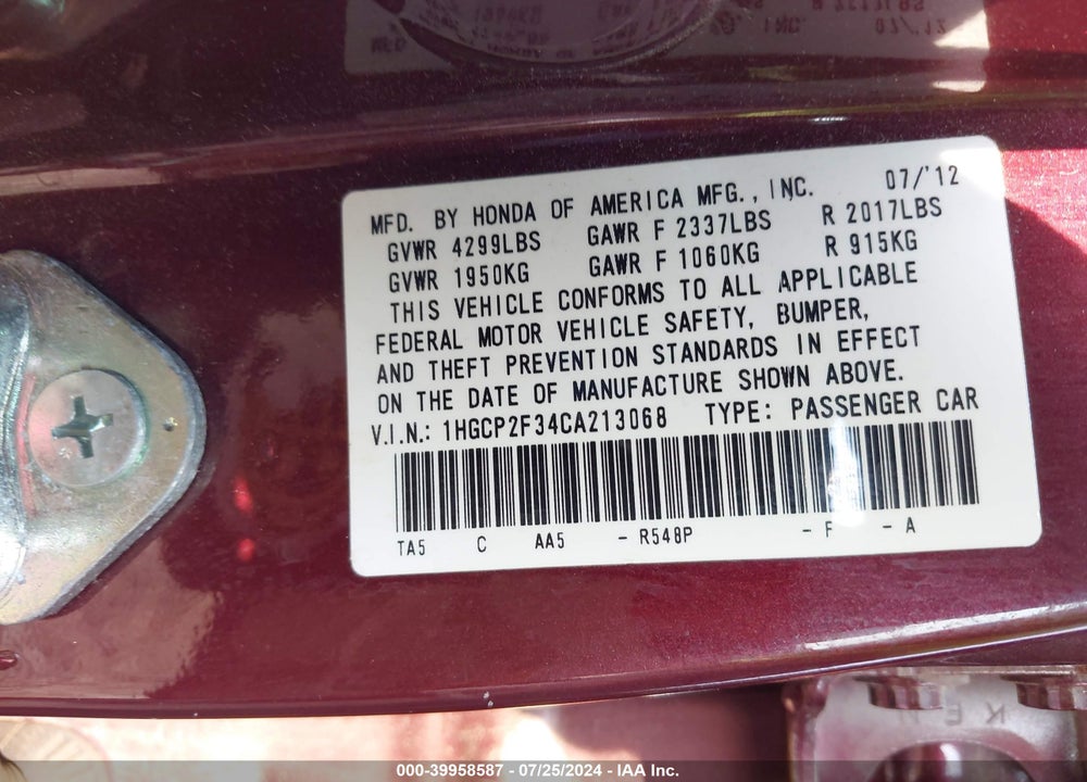 2012 HONDA ACCORD 2.4 LX VIN: 1HGCP2F34CA213068