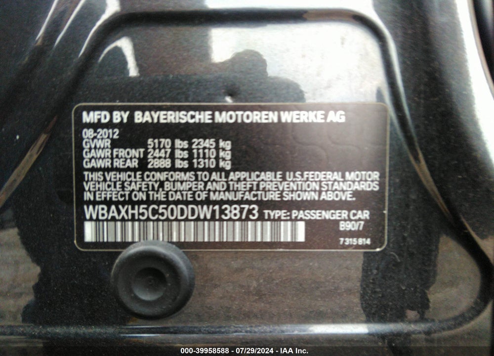 2013 BMW 528I XDRIVE VIN: WBAXH5C50DDW13873