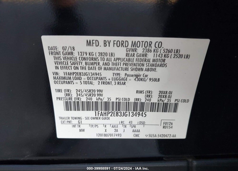 2018 FORD TAURUS SEL VIN: 1FAHP2E83JG134945