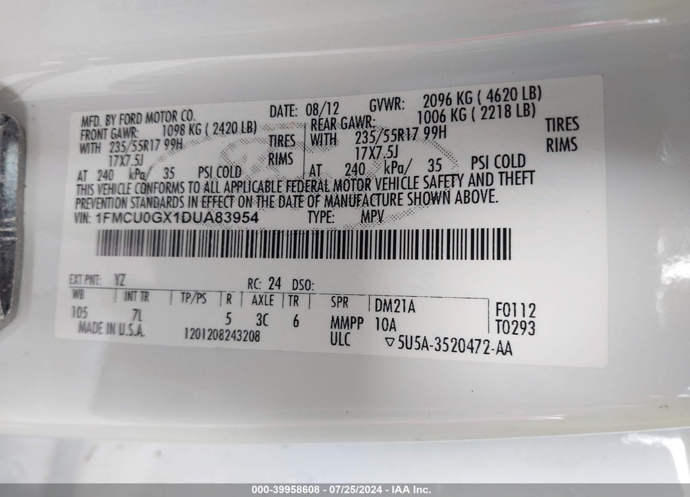 2013 FORD ESCAPE SE VIN: 1FMCU0GX1DUA83954