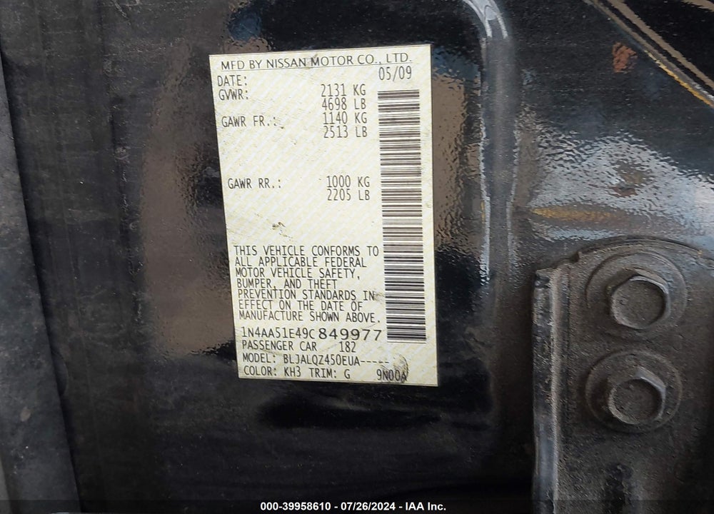 2009 NISSAN MAXIMA 3.5 S VIN: 1N4AA51E49C849977