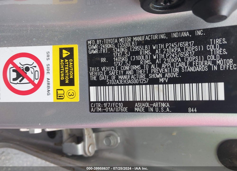 2010 TOYOTA HIGHLANDER VIN: 5TDZA3EH3AS001257