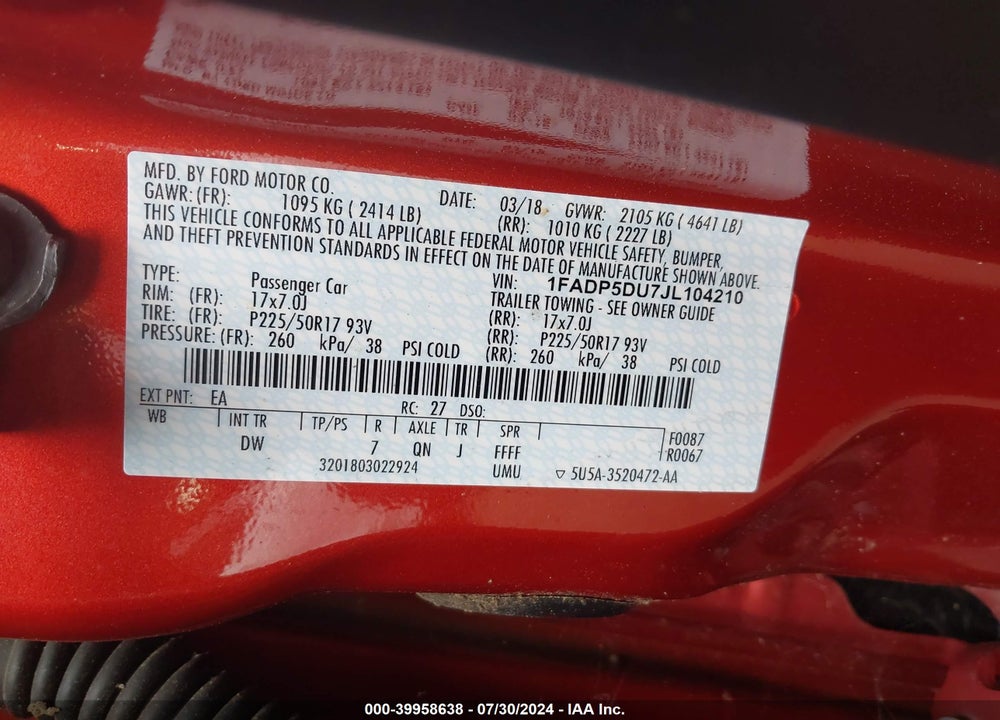 2018 FORD C-MAX HYBRID TITANIUM VIN: 1FADP5DU7JL104210