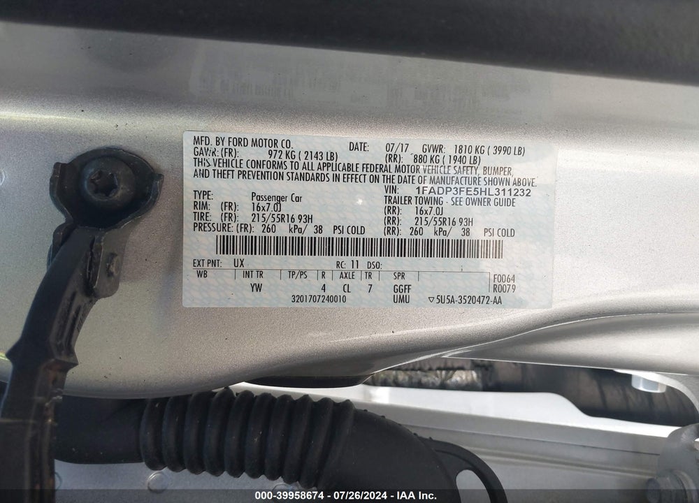 2017 FORD FOCUS SE VIN: 1FADP3FE5HL311232