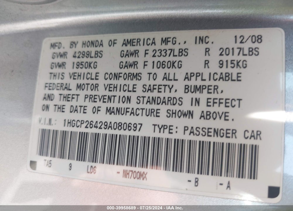2009 HONDA ACCORD 2.4 LX-P VIN: 1HGCP26429A080697