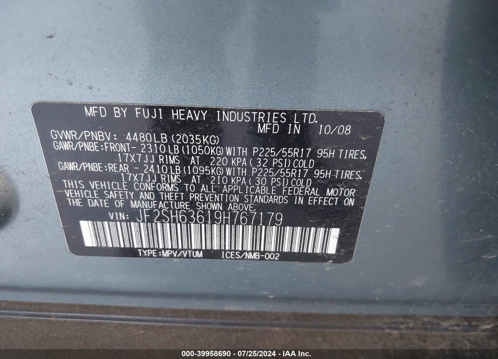 2009 SUBARU FORESTER 2.5X VIN: JF2SH63619H767179